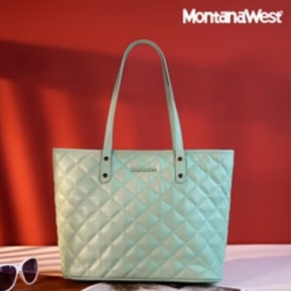 Montana West MWC-084BLGN Lt Green Quilted Faux Leather Carry-All Tote 15"X10"X5" - Picture 1 of 14